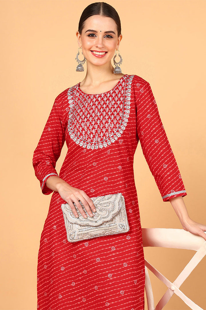ZERESOUQ-Red-Cotton-Leheriya-Printed-Straight-Kurta