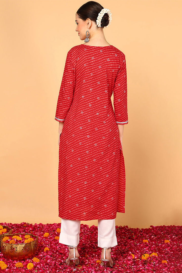 ZERESOUQ-Red-Cotton-Leheriya-Printed-Straight-Kurta