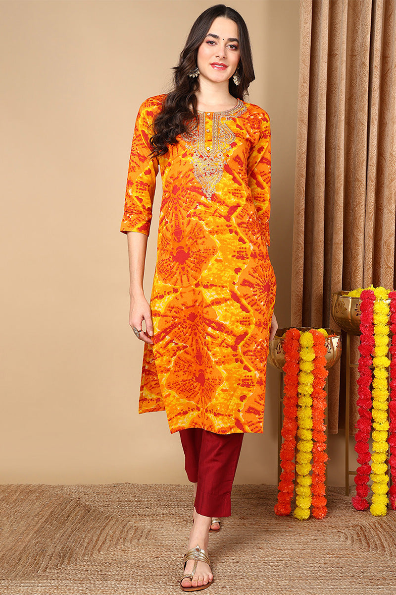 ZERESOUQ-Orange-Viscose-Rayon-Abstract-Printed-Straight-Kurta