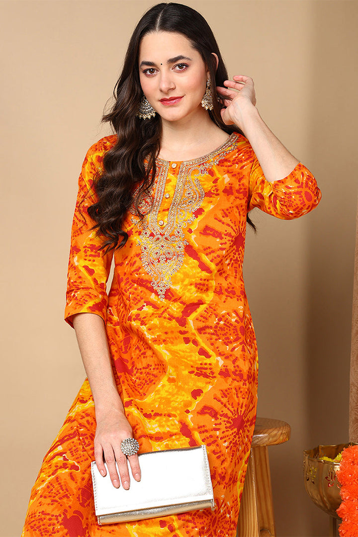 ZERESOUQ-Orange-Viscose-Rayon-Abstract-Printed-Straight-Kurta