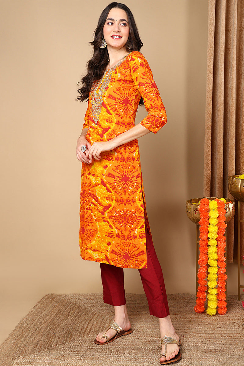 ZERESOUQ-Orange-Viscose-Rayon-Abstract-Printed-Straight-Kurta