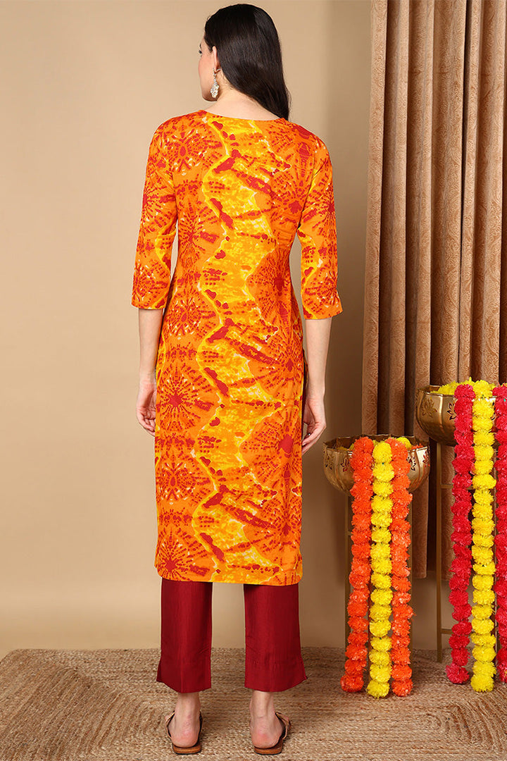 ZERESOUQ-Orange-Viscose-Rayon-Abstract-Printed-Straight-Kurta