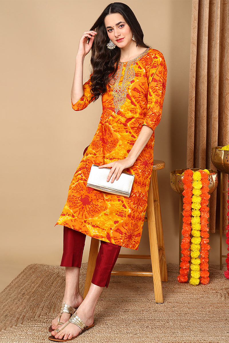 ZERESOUQ-Orange-Viscose-Rayon-Abstract-Printed-Straight-Kurta