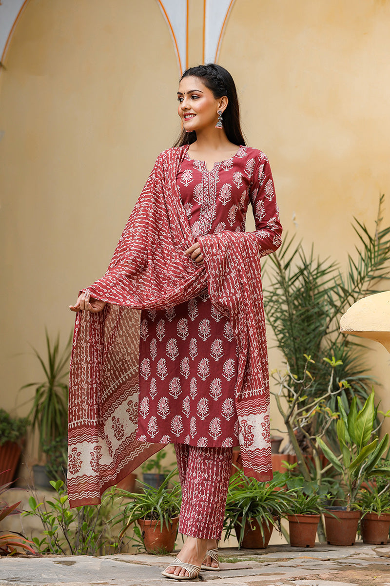 Burgundy-Rayon-Blend-Straight-3-Piece-Kurta-Set