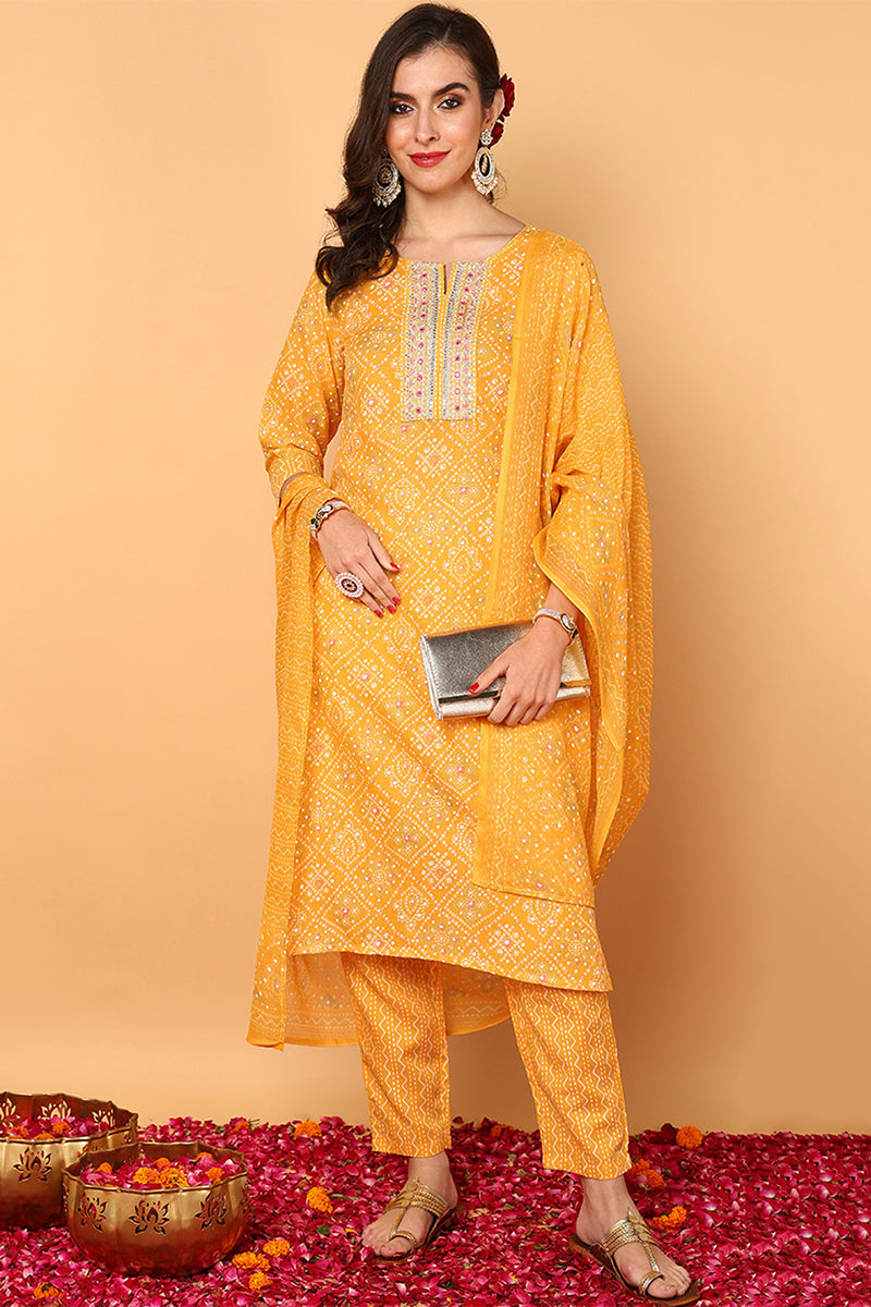 ZERESOUQ-Yellow-Poly-Cotton-Bandhani-Printed-Straight-3-Piece-Kurta-Set