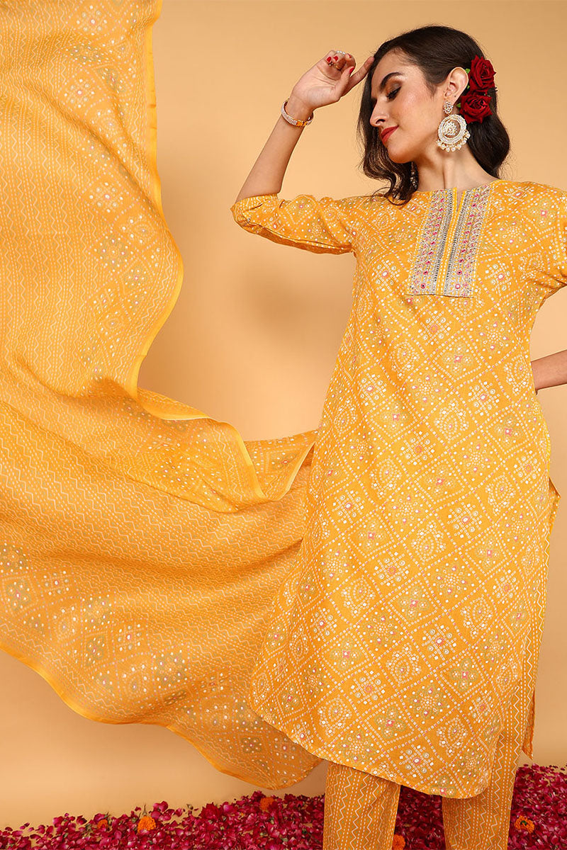 ZERESOUQ-Yellow-Poly-Cotton-Bandhani-Printed-Straight-3-Piece-Kurta-Set