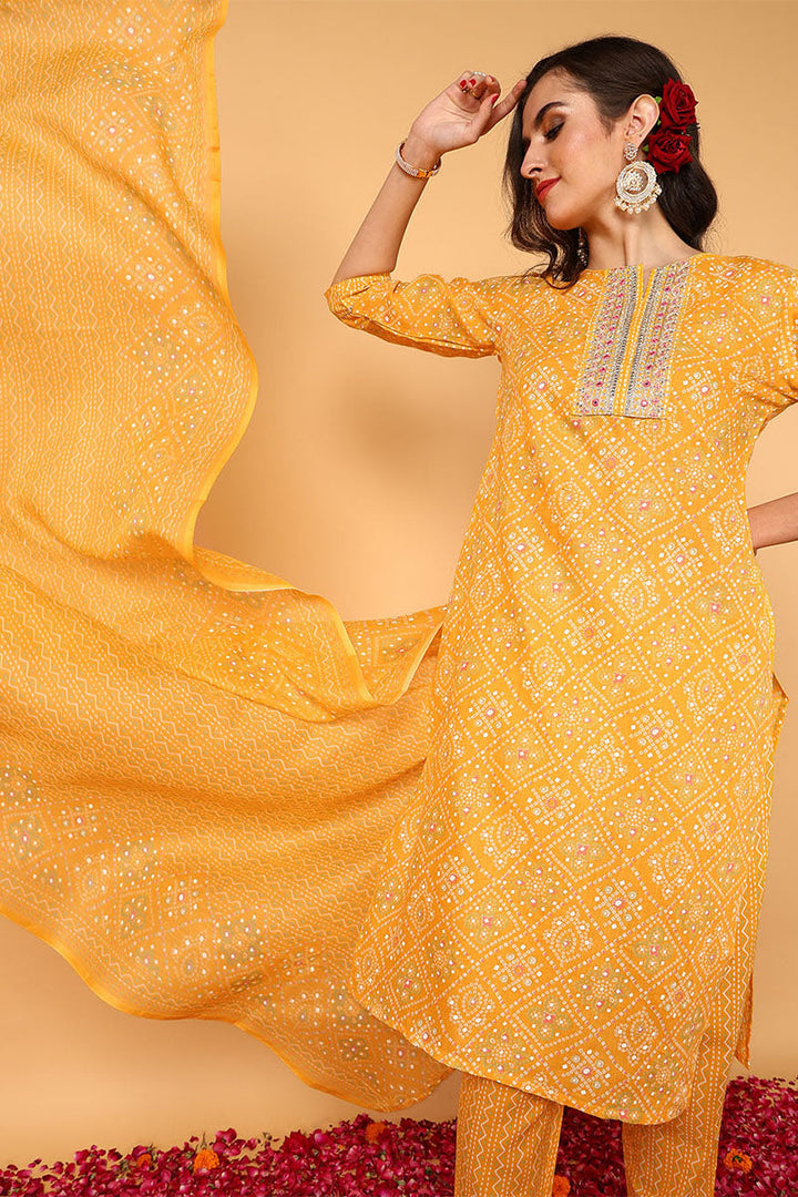ZERESOUQ-Yellow-Poly-Cotton-Bandhani-Printed-Straight-3-Piece-Kurta-Set