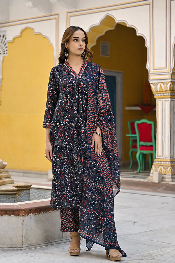 Navy-Blue-Rayon-Blend-Floral-Printed-Straight-3-Piece-Kurta-Set