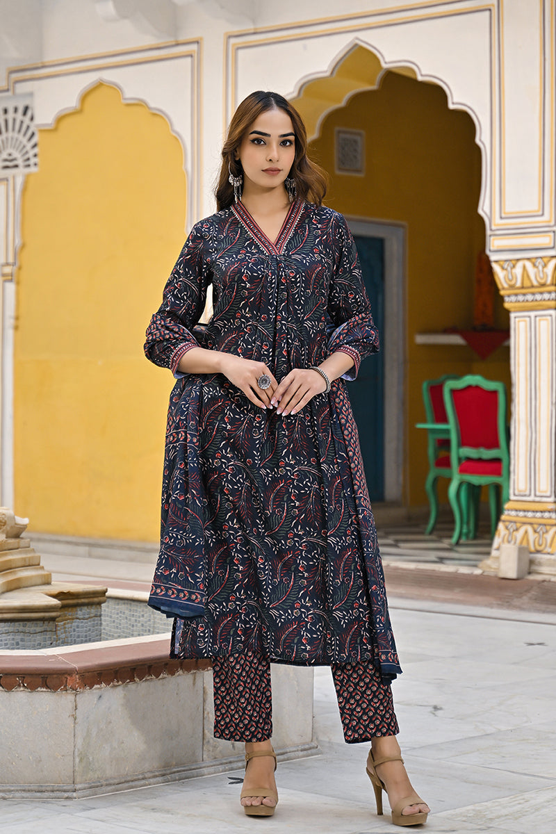 Navy-Blue-Rayon-Blend-Floral-Printed-Straight-3-Piece-Kurta-Set