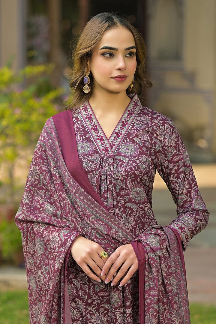 Burgundy-Rayon-Blend-Floral-Printed-Straight-3-Piece-Kurta-Set