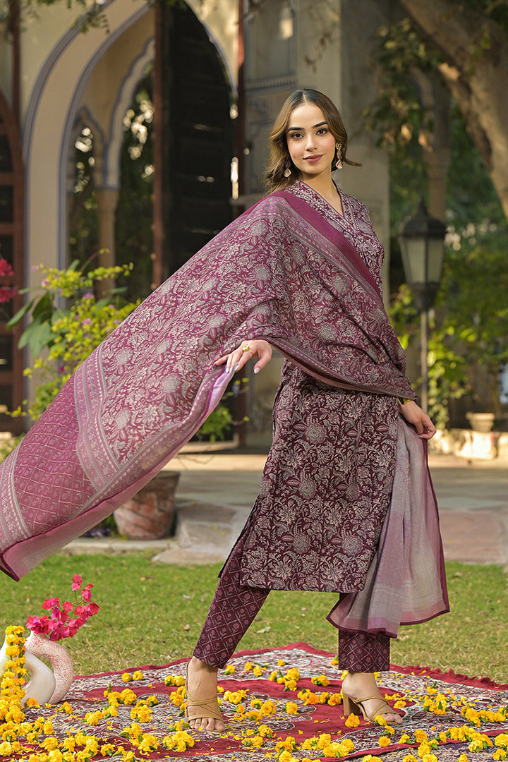 Burgundy-Rayon-Blend-Floral-Printed-Straight-3-Piece-Kurta-Set
