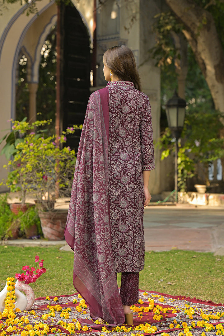 Burgundy-Rayon-Blend-Floral-Printed-Straight-3-Piece-Kurta-Set