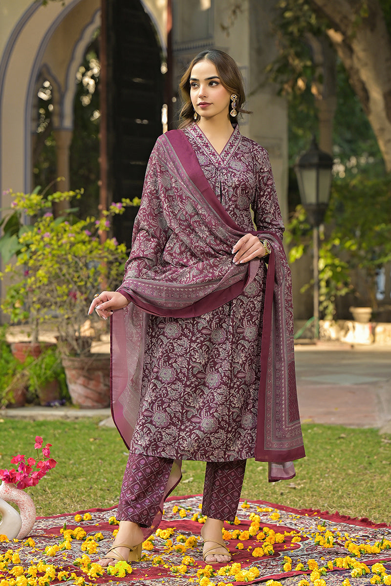 Burgundy-Rayon-Blend-Floral-Printed-Straight-3-Piece-Kurta-Set