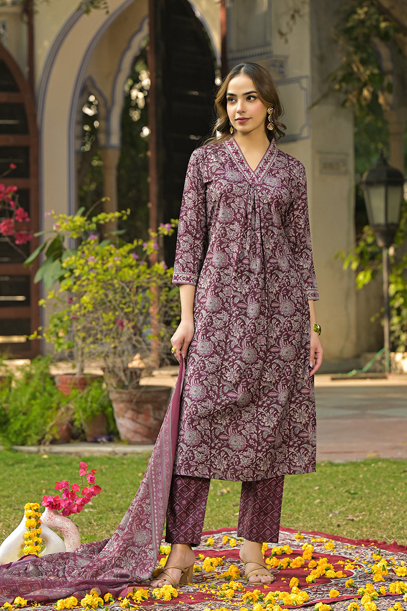 Burgundy-Rayon-Blend-Floral-Printed-Straight-3-Piece-Kurta-Set