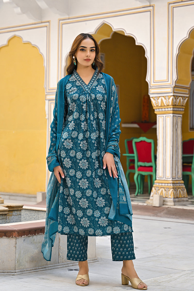 Blue-Rayon-Blend-Floral-Printed-Straight-3-Piece-Kurta-Set