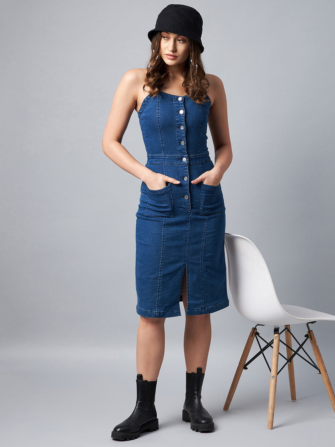 Washed-Blue-Denim-Lycra-Fitted-Dress
