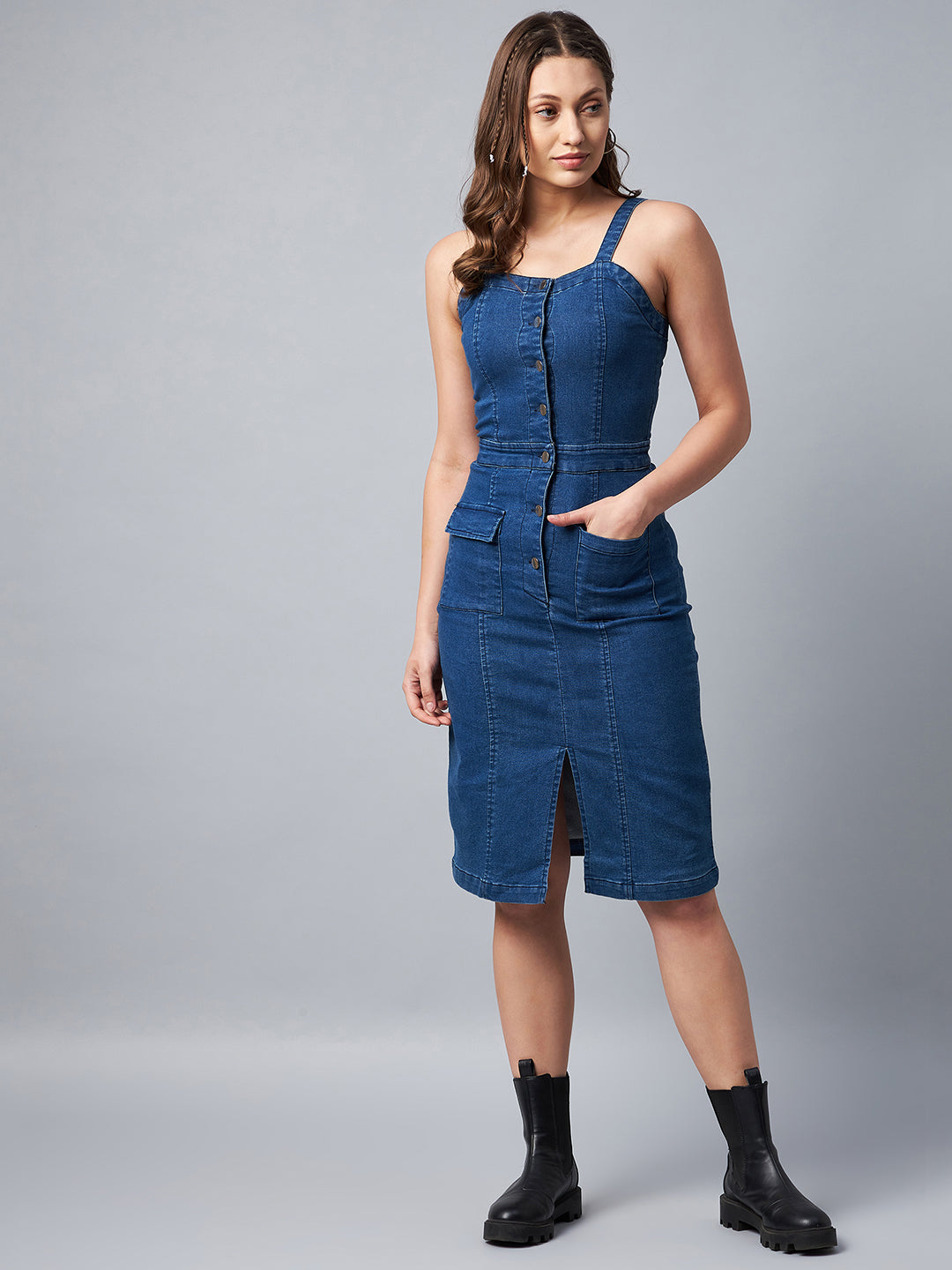 Washed-Blue-Denim-Lycra-Fitted-Dress