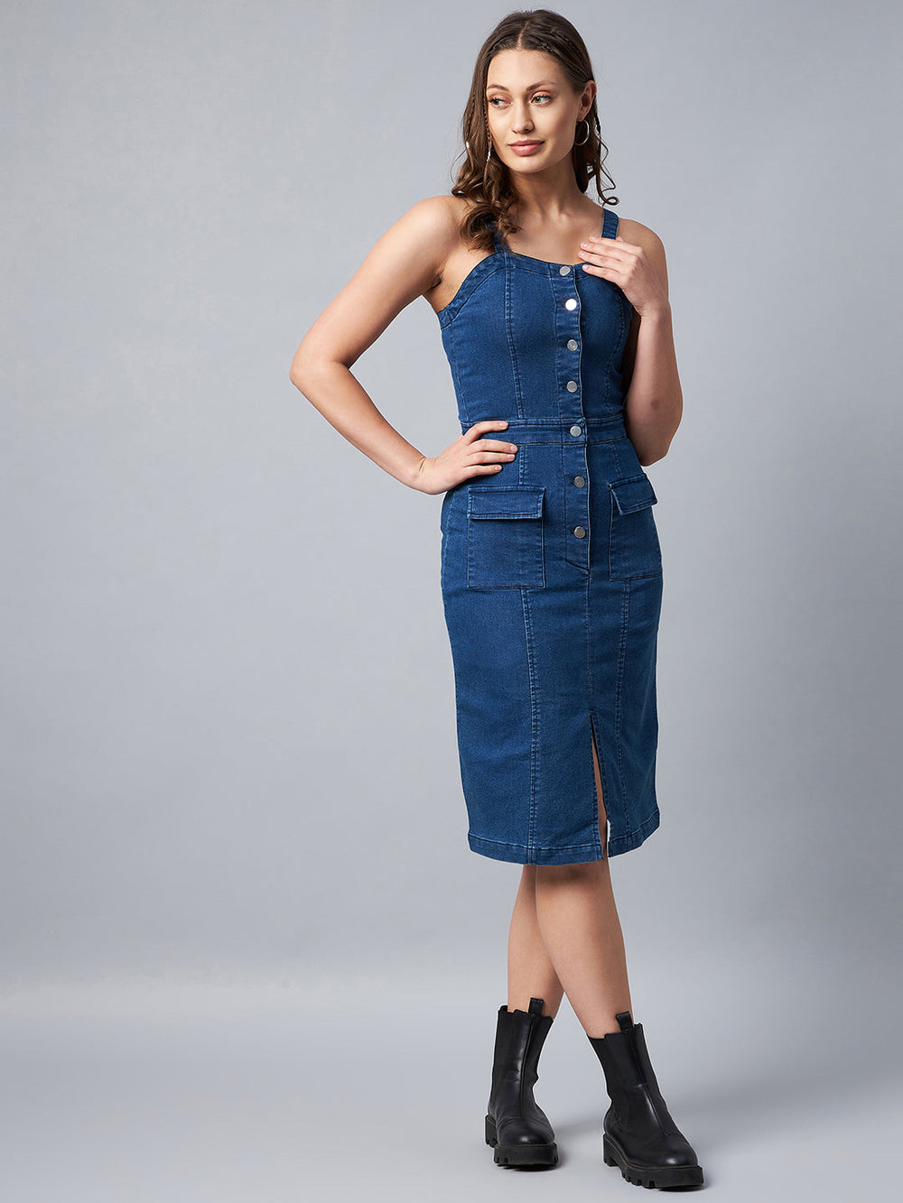 Washed-Blue-Denim-Lycra-Fitted-Dress