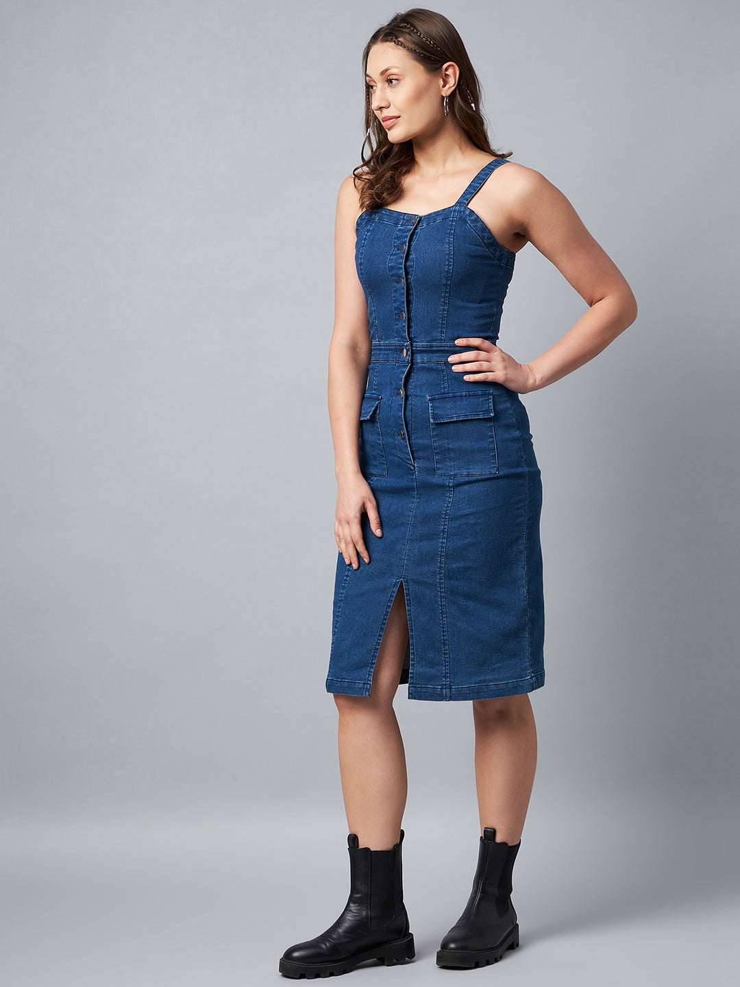 Washed-Blue-Denim-Lycra-Fitted-Dress