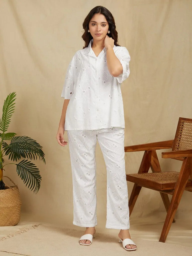 White-100%-Cotton-Solid-Co-Ord-Set