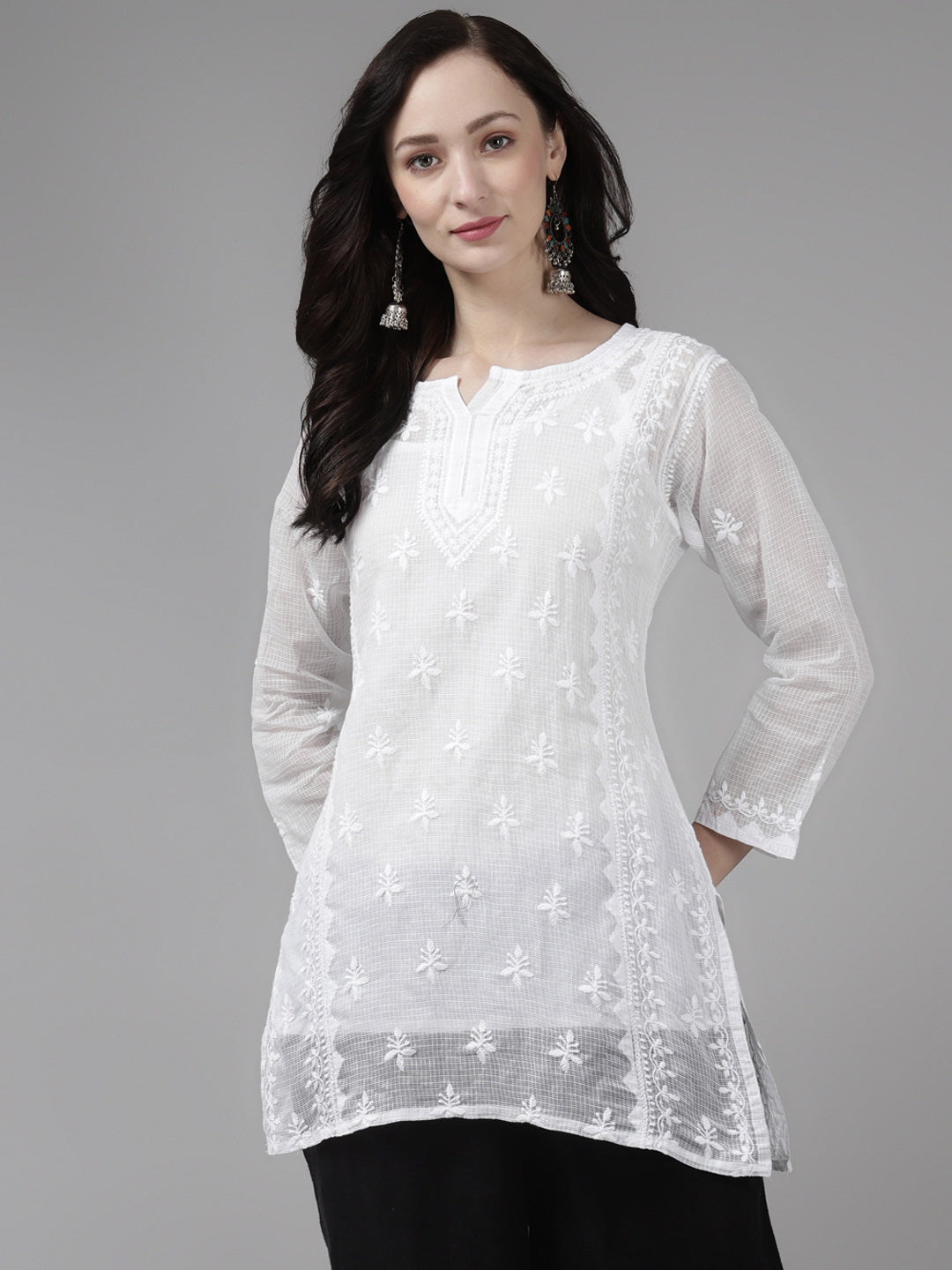 White Kota Lucknowi Chikankari Tunic With Inner Slip
