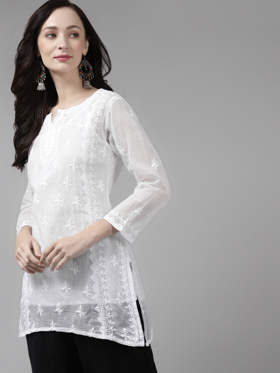 White Kota Lucknowi Chikankari Tunic With Inner Slip