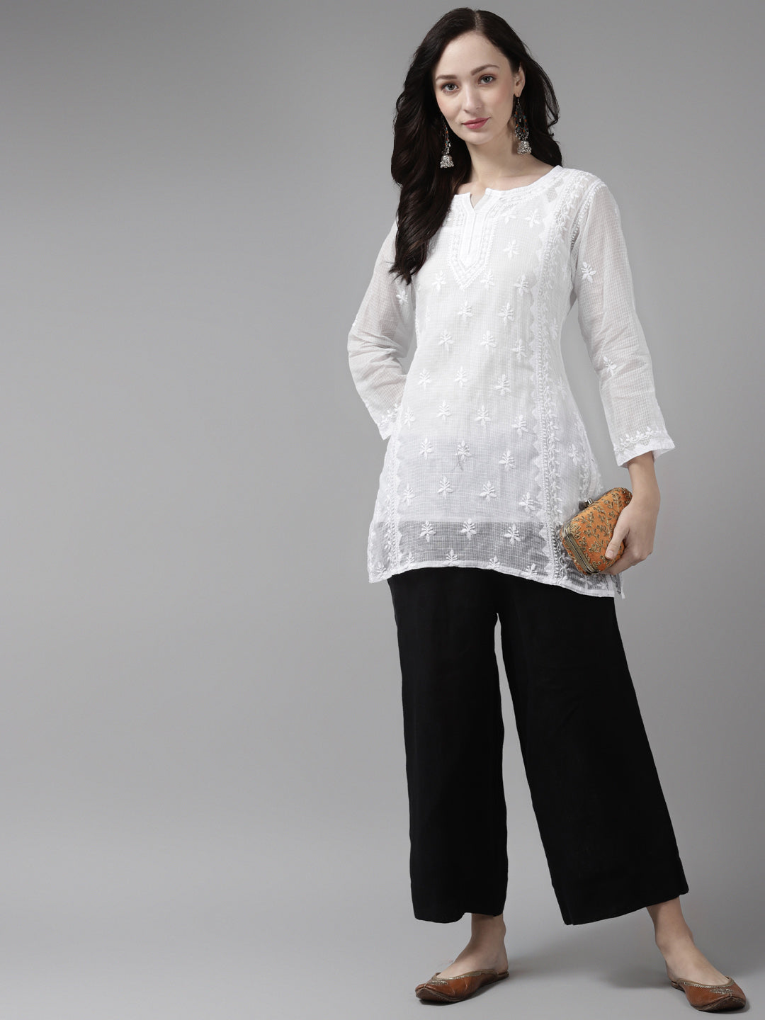White Kota Lucknowi Chikankari Tunic With Inner Slip