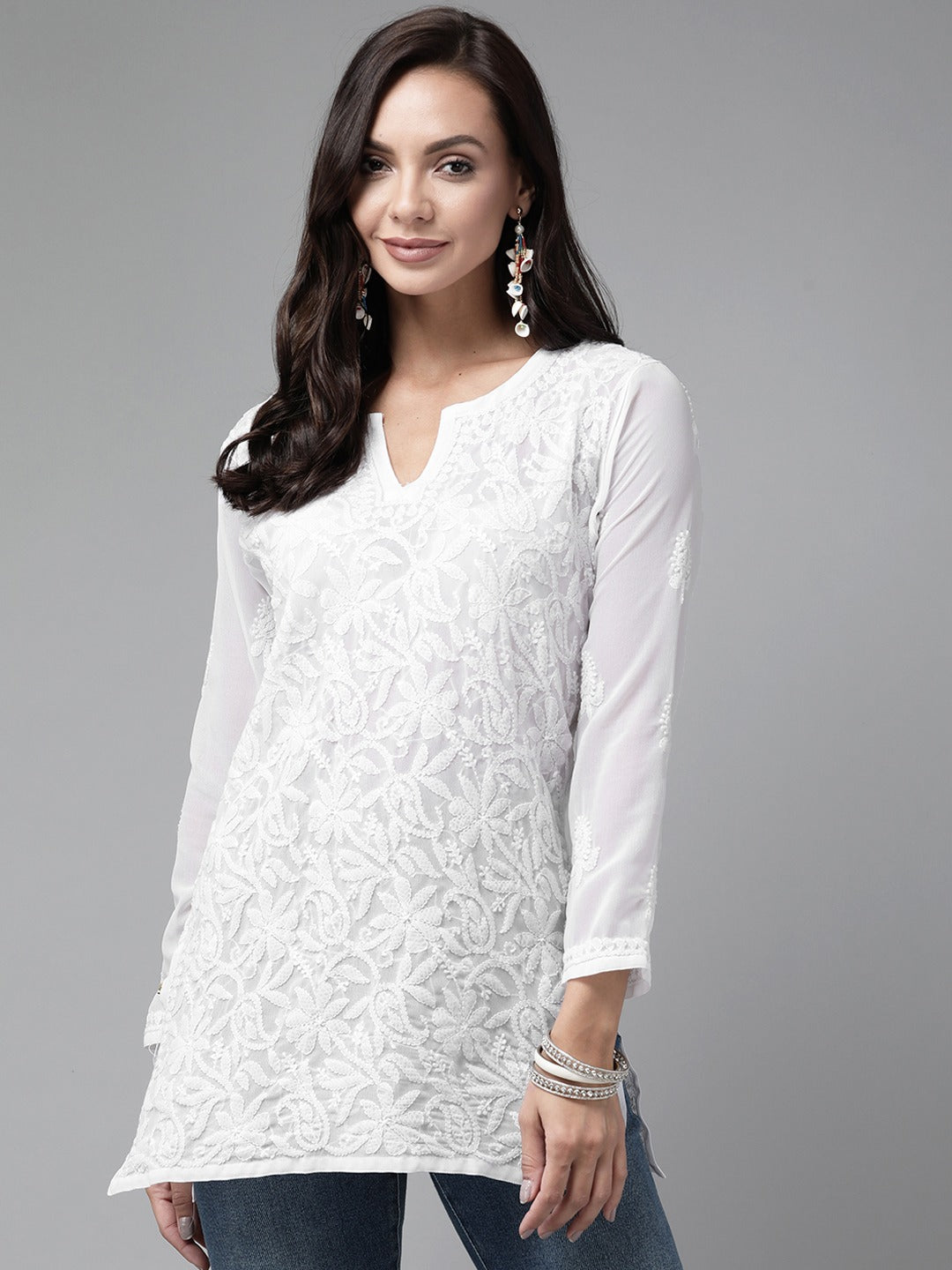 White-Poly-Georgette-Embroidered-Chikankari-Kurti