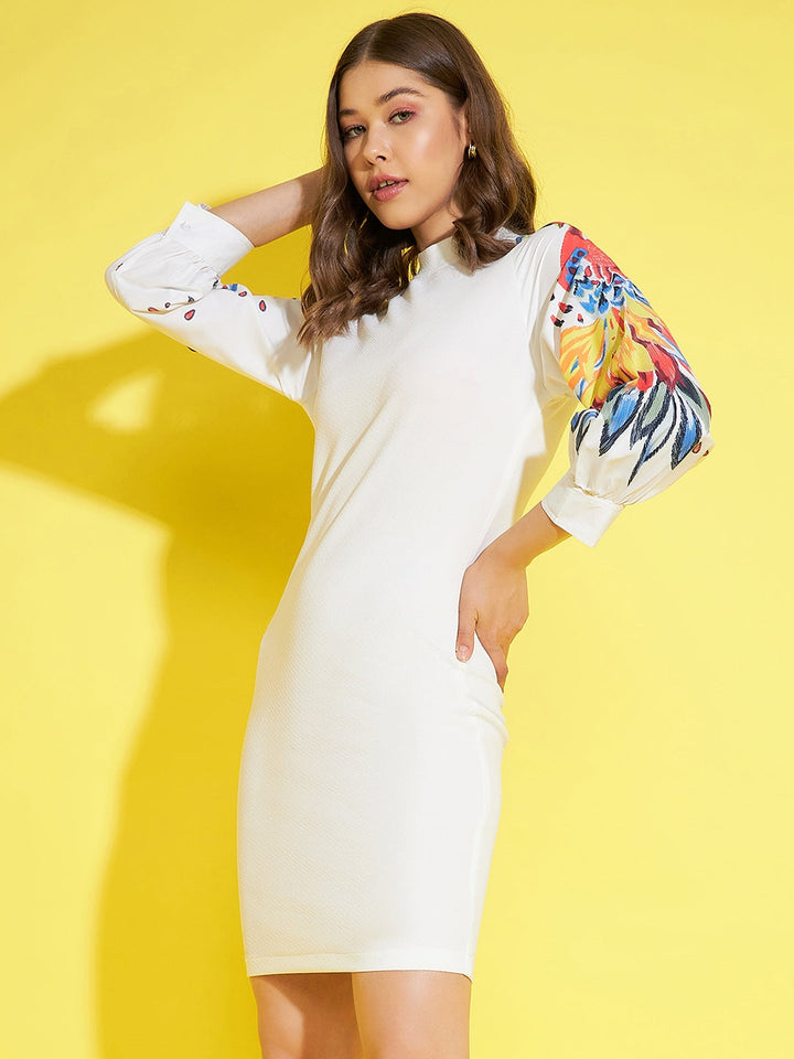 White-&-Multi-Polyester-Lycra-Bodycon-Dress