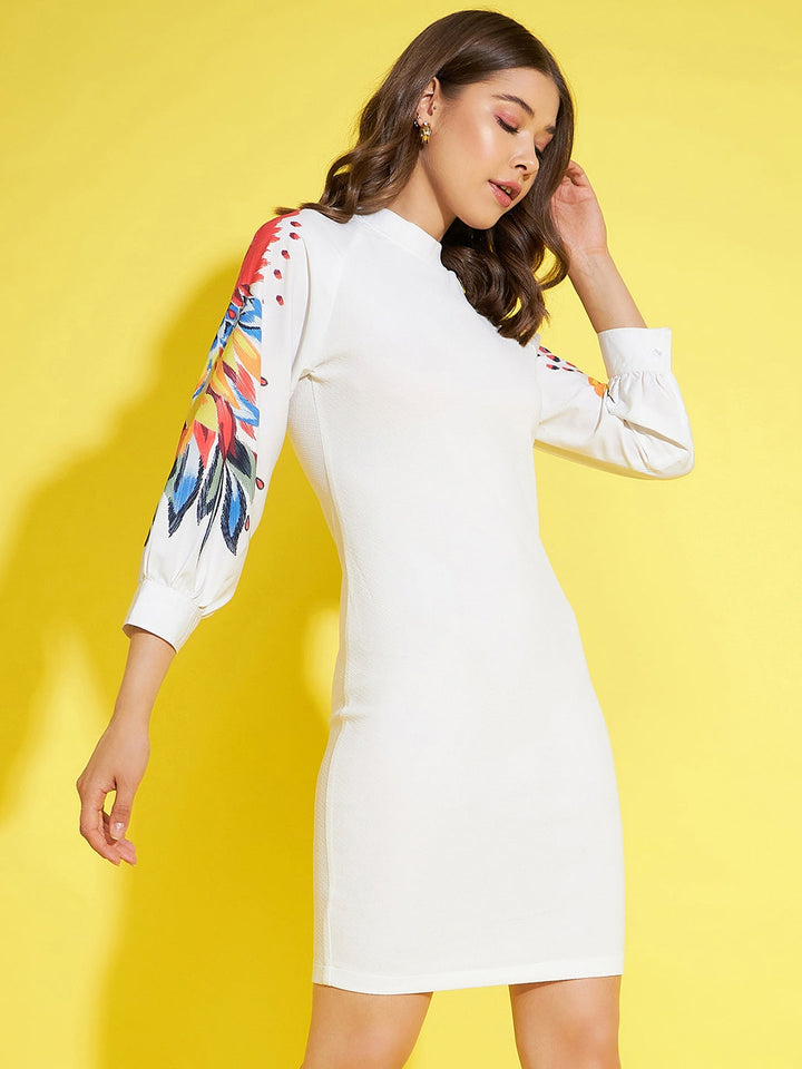 White-&-Multi-Polyester-Lycra-Bodycon-Dress