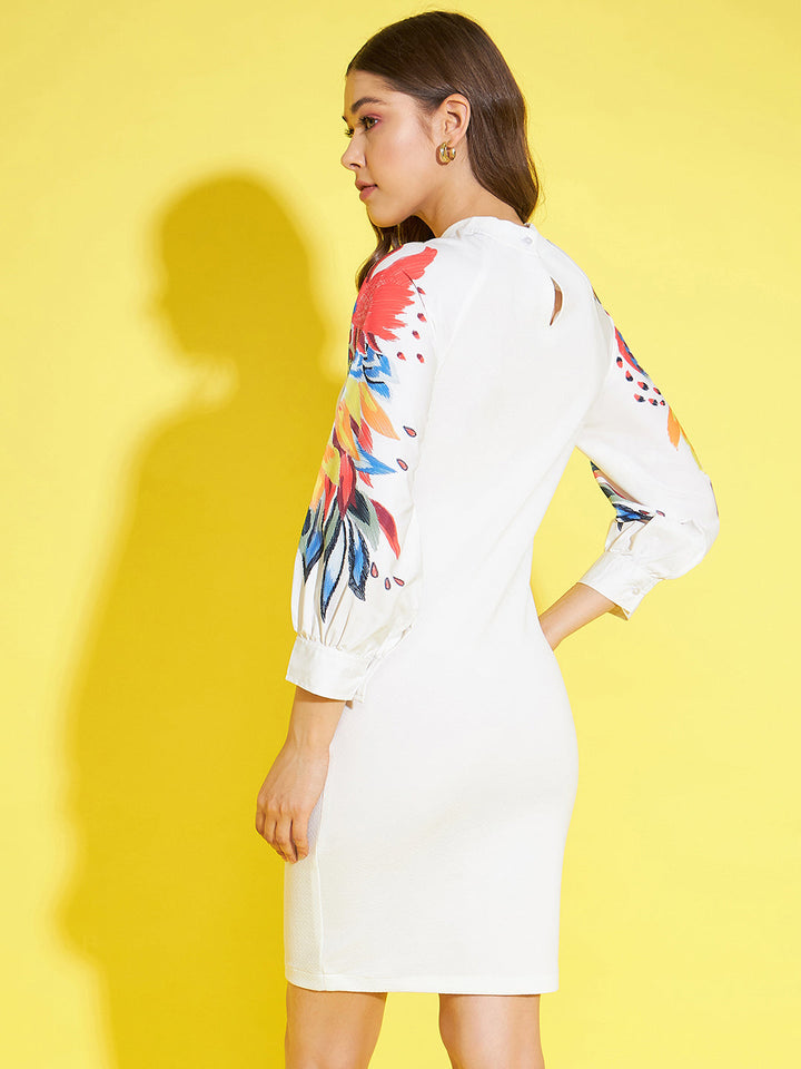 White-&-Multi-Polyester-Lycra-Bodycon-Dress