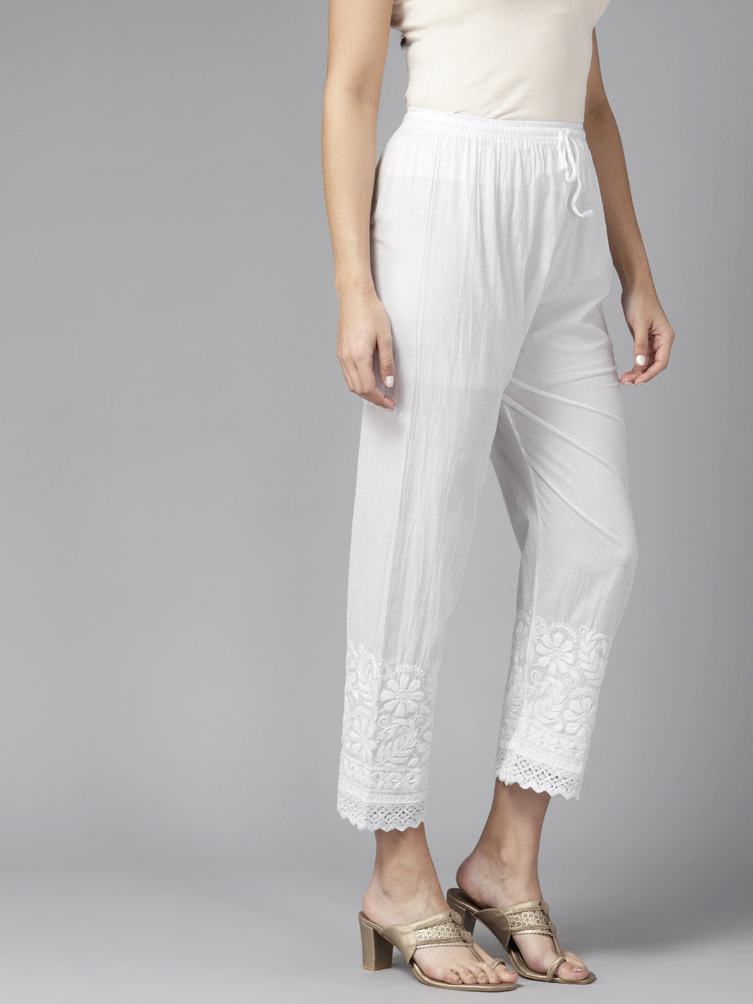 White Cotton 100% Original Chikankari Lace Palazzos