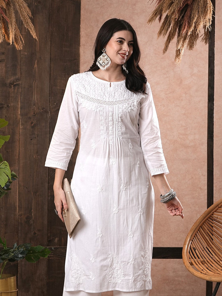 White-Cotton-Embroidered-Lucknowi-Chikankari-Kurta-Only