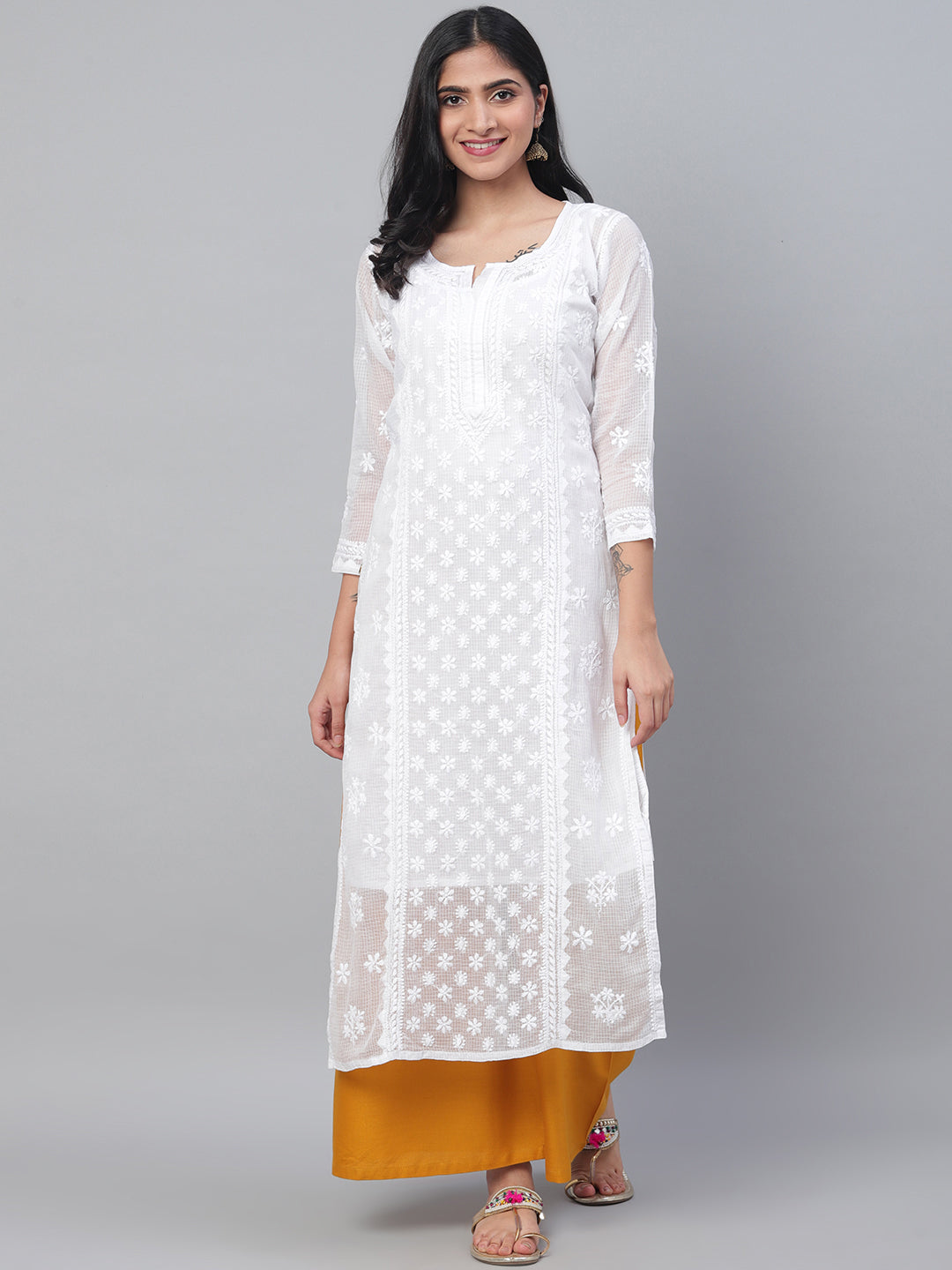 White-Kota-Cotton-Embroidered-Chikankari-Kurta-With-Slip