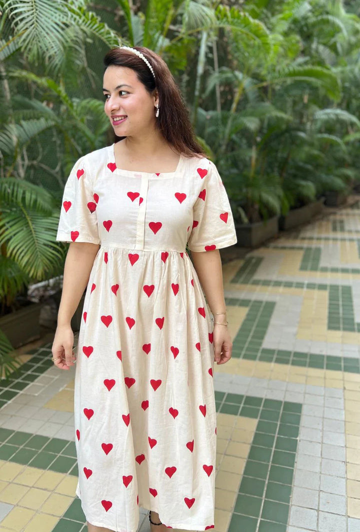 White Mulmul Red Heart Dress