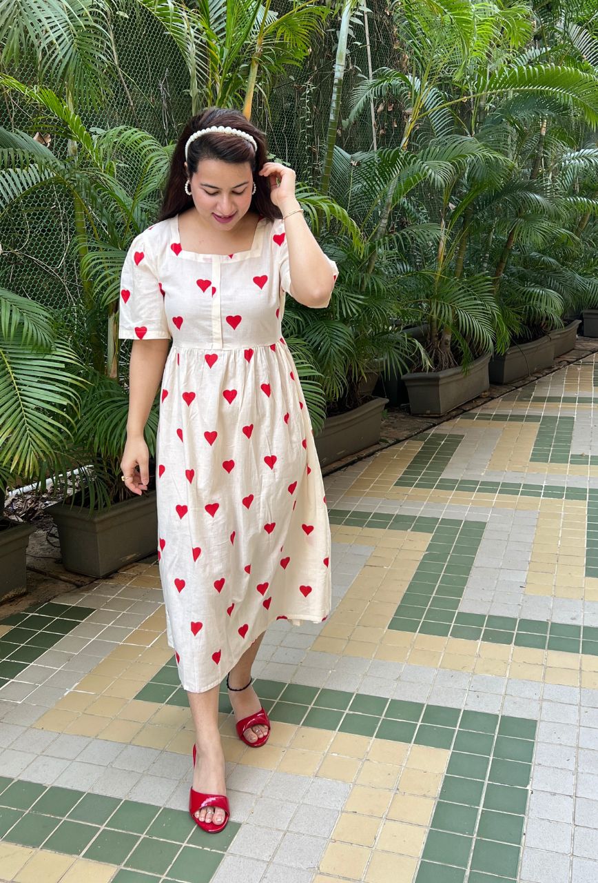 White Mulmul Red Heart Dress