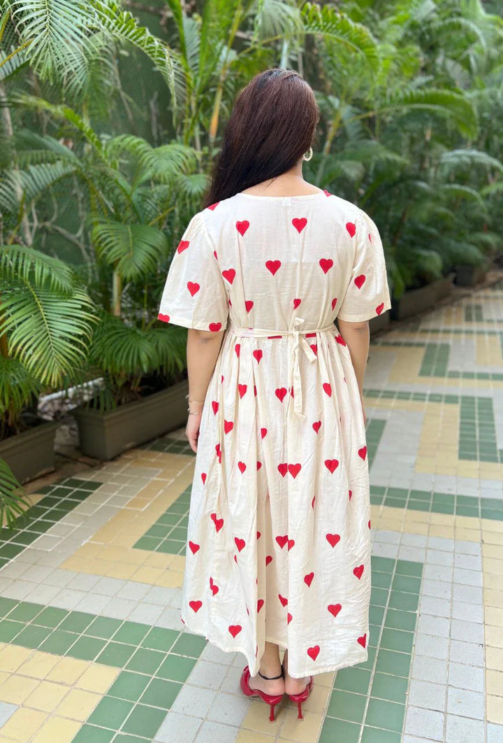 White Mulmul Red Heart Dress