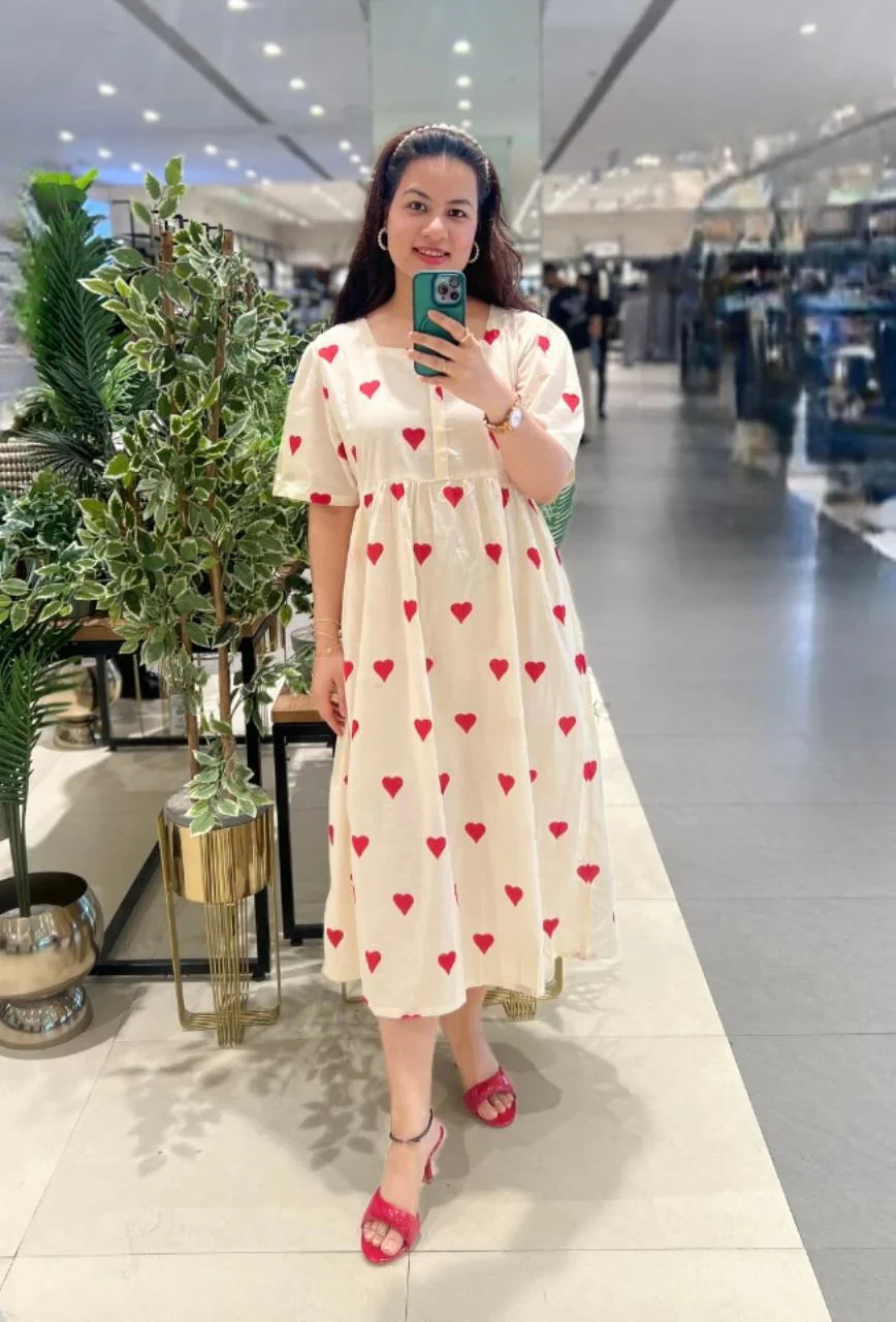 White Mulmul Red Heart Dress
