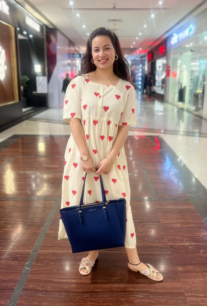 White Mulmul Red Heart Dress