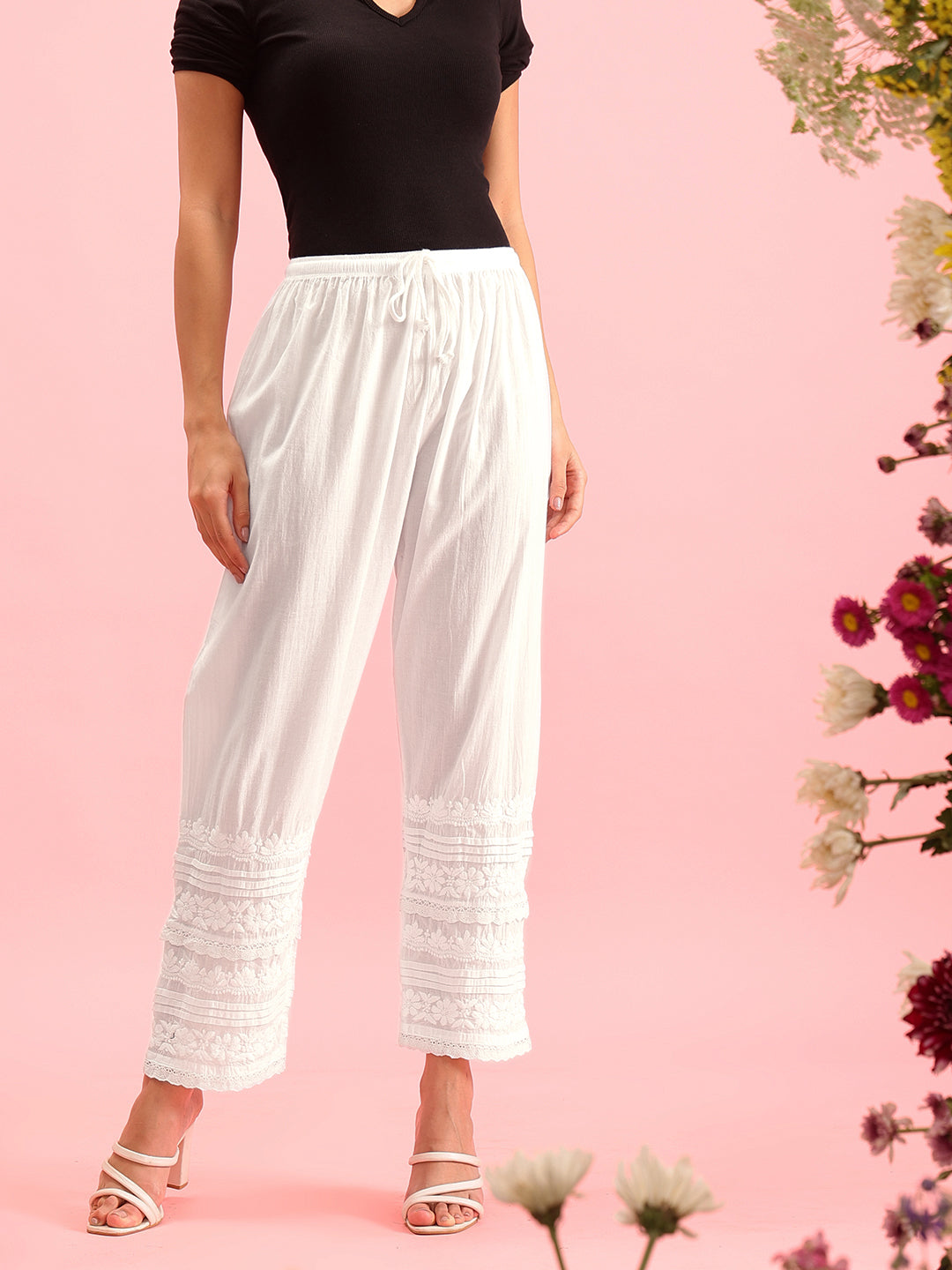 White Cotton 100% Original Chikankari Pleated Pant