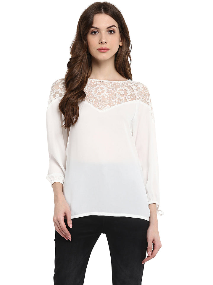 White-Poly-Gerogette-Lace-Neck-Top