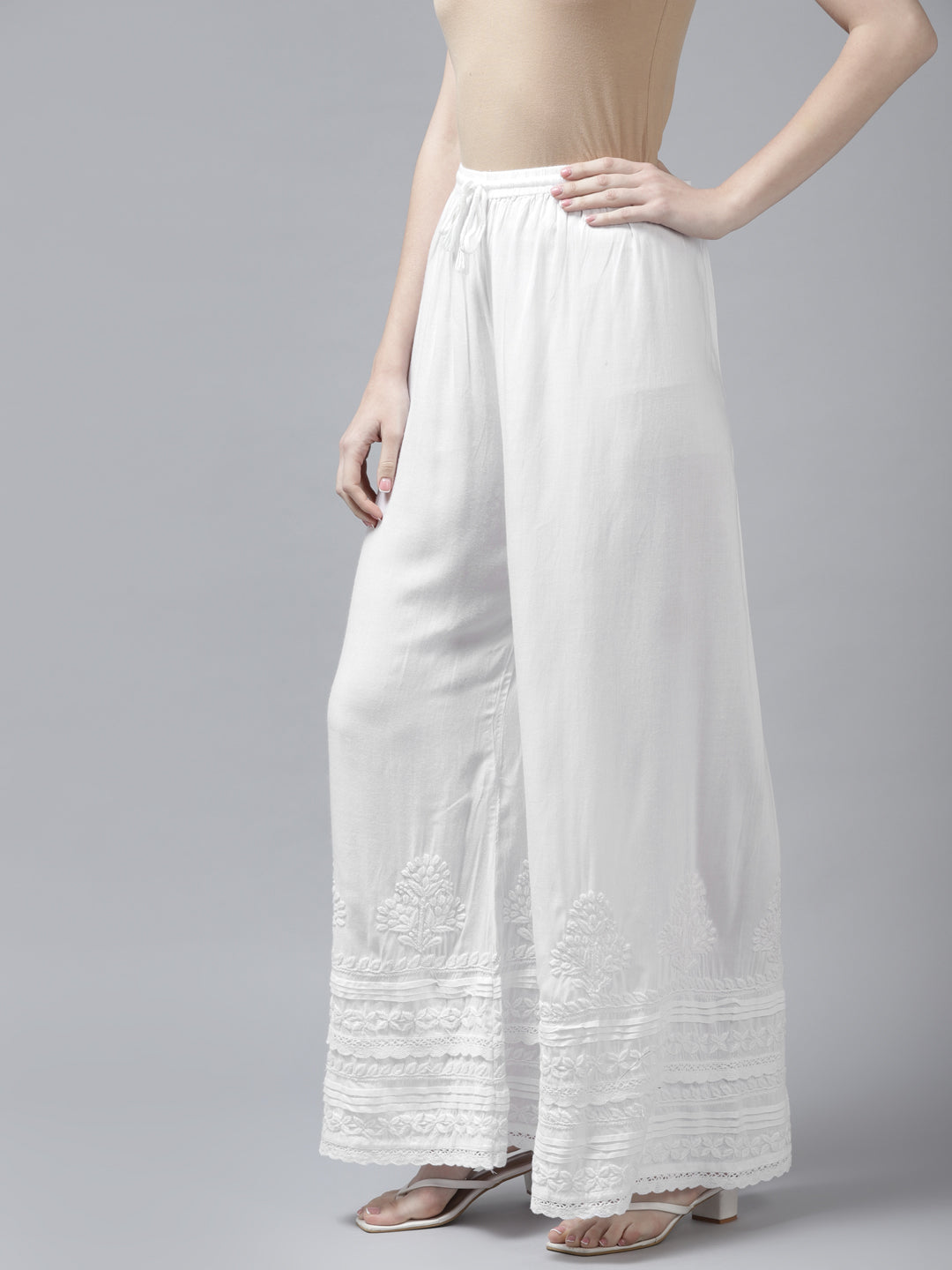 White Rayon 100% OG Chikankari Flared Palazzos