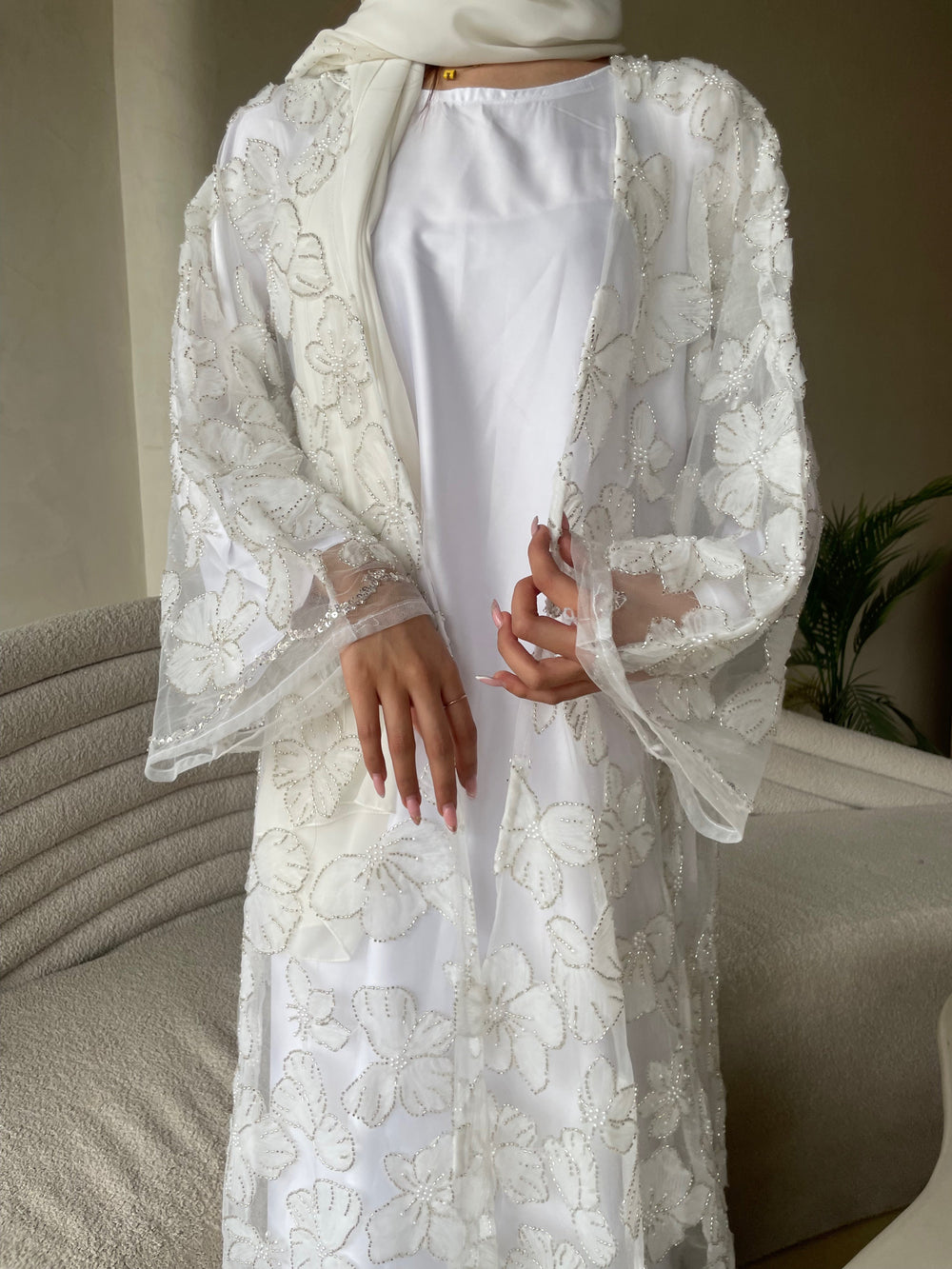 White-Silk-&-Net-Nura-Pearl-Stitched-Kimono-Only
