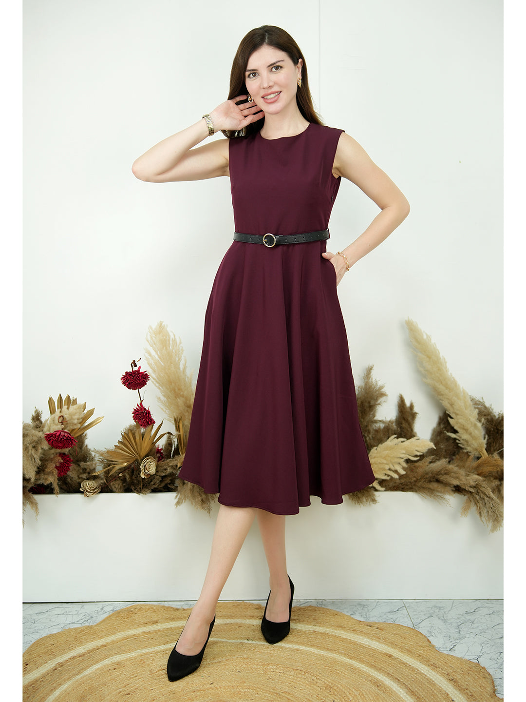 Wine Blended Fabric Warmth Fit Flare Dress With Belt ZERESOUQ.COM