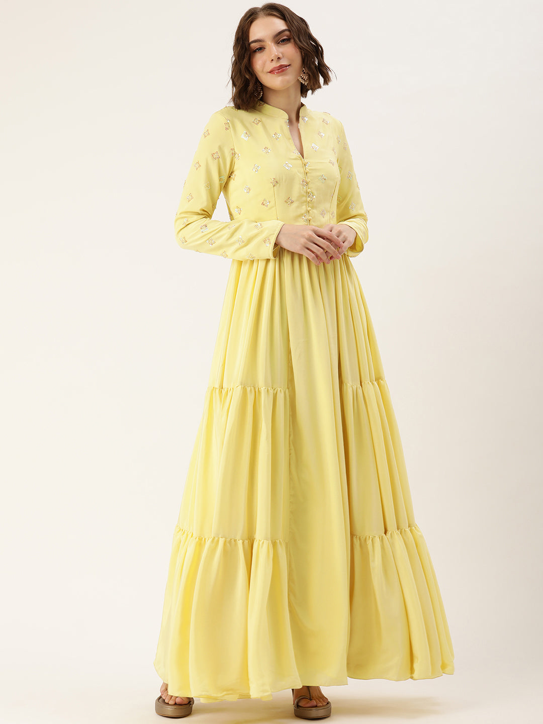 Yellow-Art-Silk-Collar-Neck-Embroidered-Gown