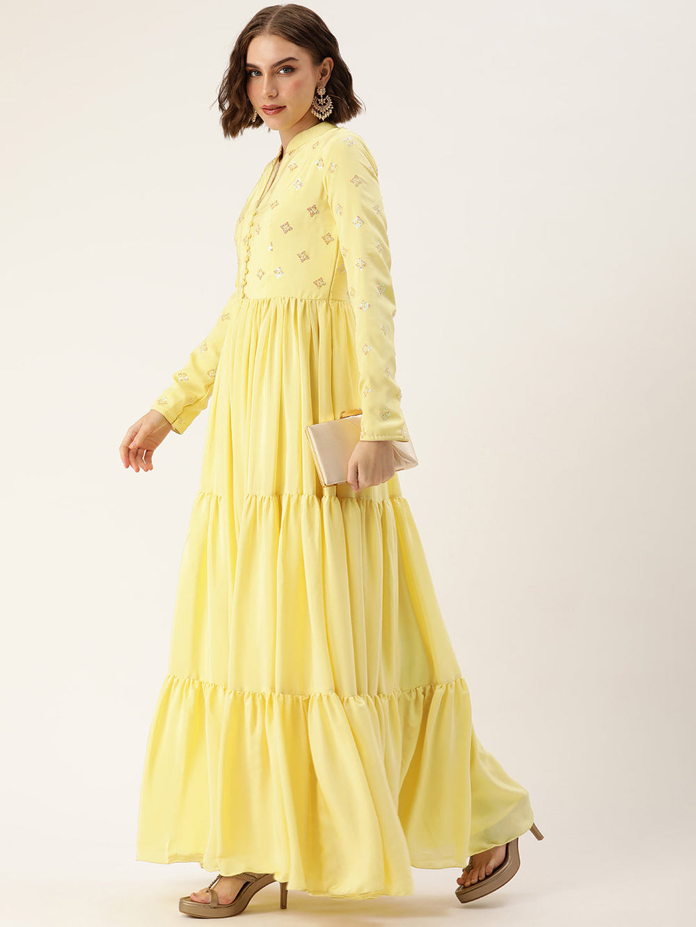 Yellow-Art-Silk-Collar-Neck-Embroidered-Gown