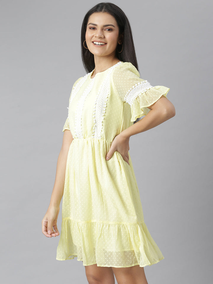 Yellow-Chiffon-Self-Design-Dress-With-Lace-Insets