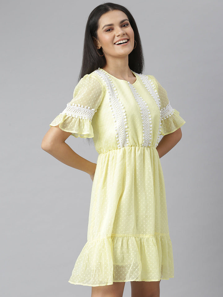 Yellow-Chiffon-Self-Design-Dress-With-Lace-Insets