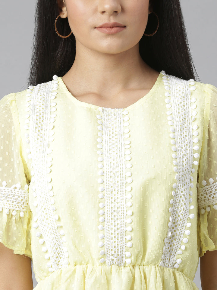 Yellow-Chiffon-Self-Design-Dress-With-Lace-Insets
