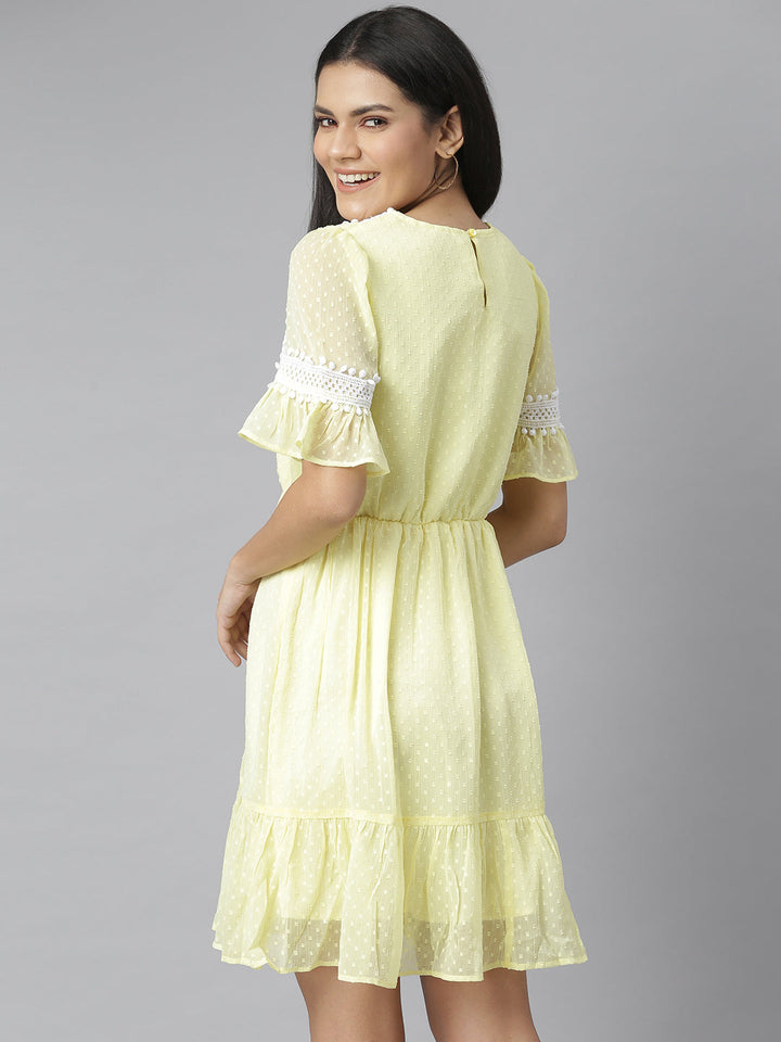 Yellow-Chiffon-Self-Design-Dress-With-Lace-Insets